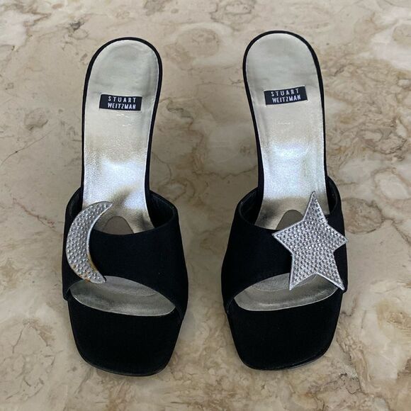 Stuart Weitzman Black Satin Heels Silver Rhinestone Moon & Star Mule Sandals - Picture 1 of 15